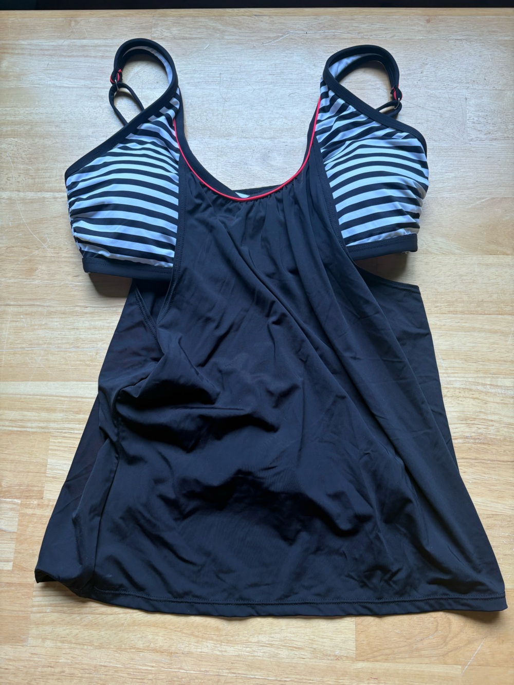 Aqua Black Tankini with Black & White Striped Cups and Red Trim